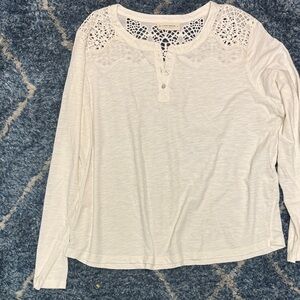 Lucky Brand white Long Sleeve Top with cutwork Henley size XL
